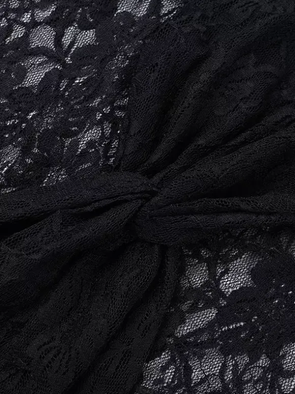 Robe courte en dentelle florale transparente pour femme - Robe moulante noire à col montant et manches longues de style gothique - Tenues de soirée printanières 2026