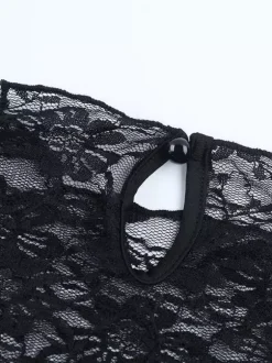 Robe courte en dentelle florale transparente pour femme - Robe moulante noire à col montant et manches longues de style gothique - Tenues de soirée printanières 2026