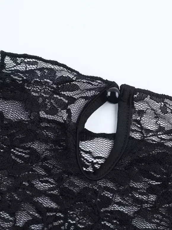 Robe courte en dentelle florale transparente pour femme - Robe moulante noire à col montant et manches longues de style gothique - Tenues de soirée printanières 2026