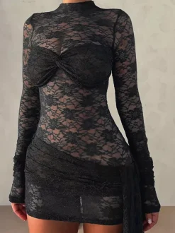 Robe courte en dentelle florale transparente pour femme - Robe moulante noire à col montant et manches longues de style gothique - Tenues de soirée printanières 2026