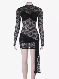 Robe courte en dentelle florale transparente pour femme - Robe moulante noire à col montant et manches longues de style gothique - Tenues de soirée printanières 2026