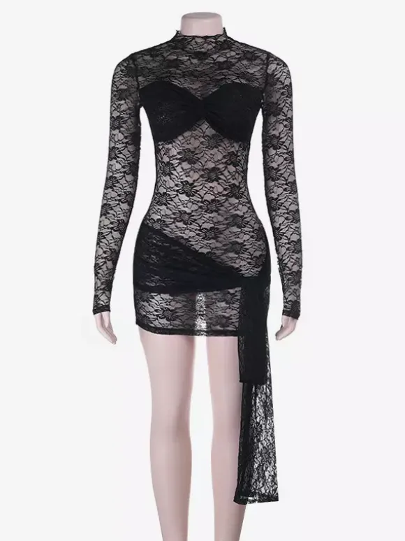 Robe courte en dentelle florale transparente pour femme - Robe moulante noire à col montant et manches longues de style gothique - Tenues de soirée printanières 2026