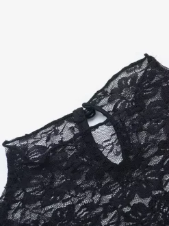 Robe courte en dentelle florale transparente pour femme - Robe moulante noire à col montant et manches longues de style gothique - Tenues de soirée printanières 2026