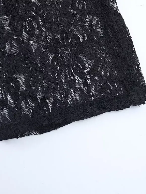 Robe courte en dentelle florale transparente pour femme - Robe moulante noire à col montant et manches longues de style gothique - Tenues de soirée printanières 2026