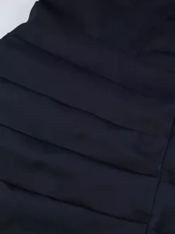 Robe courte en satin bleu marine pour femme - Élégante robe à col montant froncé et manches évasées - Idéale pour un cocktail de printemps 2026