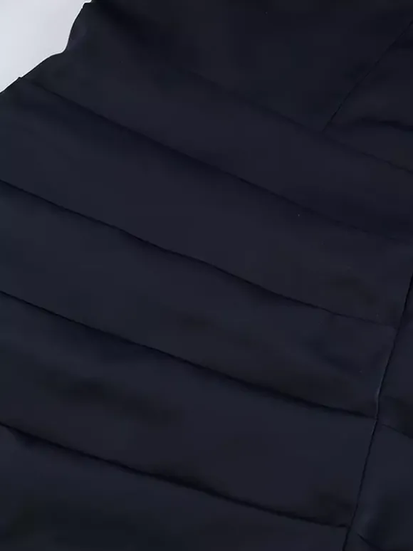 Robe courte en satin bleu marine pour femme - Élégante robe à col montant froncé et manches évasées - Idéale pour un cocktail de printemps 2026