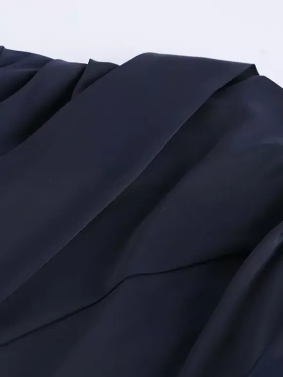 Robe courte en satin bleu marine pour femme - Élégante robe à col montant froncé et manches évasées - Idéale pour un cocktail de printemps 2026