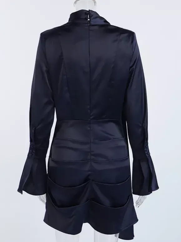 Robe courte en satin bleu marine pour femme - Élégante robe à col montant froncé et manches évasées - Idéale pour un cocktail de printemps 2026