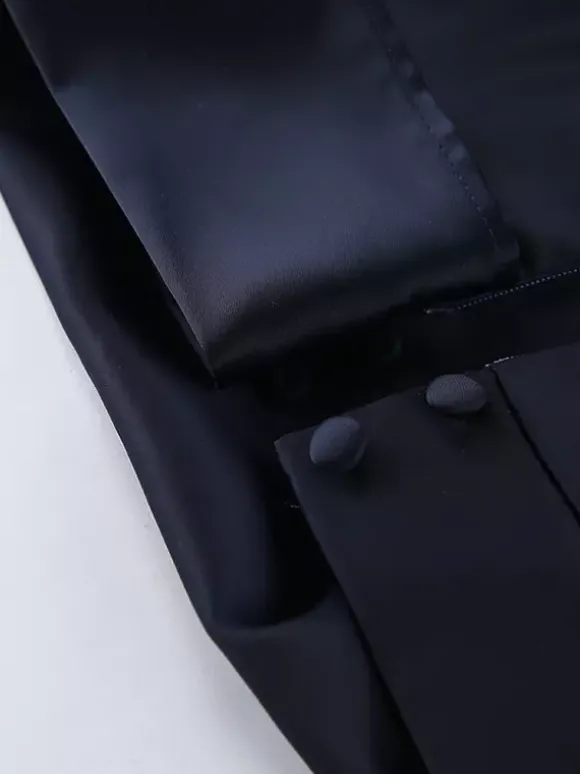 Robe courte en satin bleu marine pour femme - Élégante robe à col montant froncé et manches évasées - Idéale pour un cocktail de printemps 2026