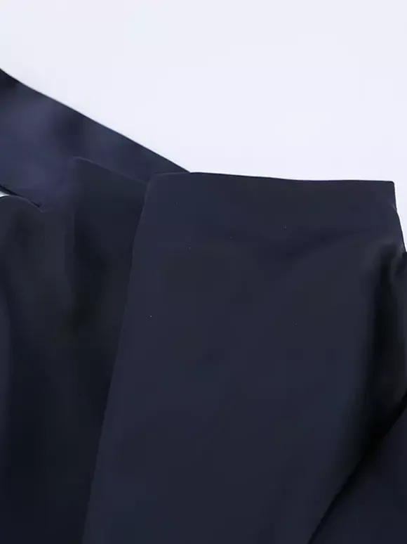 Robe courte en satin bleu marine pour femme - Élégante robe à col montant froncé et manches évasées - Idéale pour un cocktail de printemps 2026