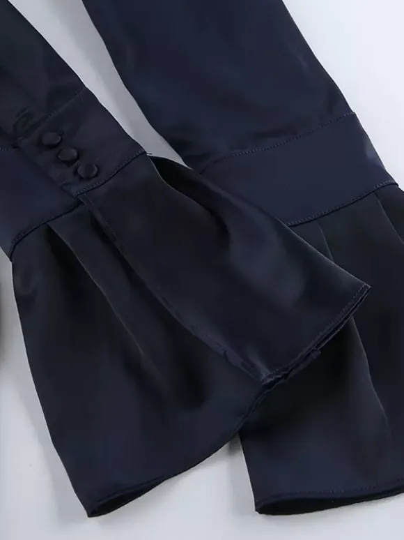 Robe courte en satin bleu marine pour femme - Élégante robe à col montant froncé et manches évasées - Idéale pour un cocktail de printemps 2026