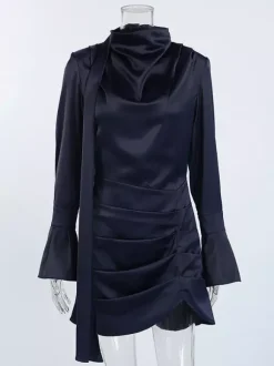 Robe courte en satin bleu marine pour femme - Élégante robe à col montant froncé et manches évasées - Idéale pour un cocktail de printemps 2026