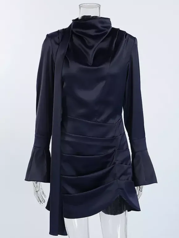 Robe courte en satin bleu marine pour femme - Élégante robe à col montant froncé et manches évasées - Idéale pour un cocktail de printemps 2026