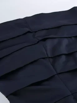 Robe courte en satin bleu marine pour femme - Élégante robe à col montant froncé et manches évasées - Idéale pour un cocktail de printemps 2026