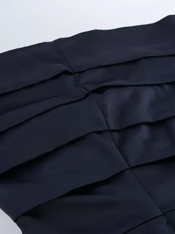 Robe courte en satin bleu marine pour femme - Élégante robe à col montant froncé et manches évasées - Idéale pour un cocktail de printemps 2026