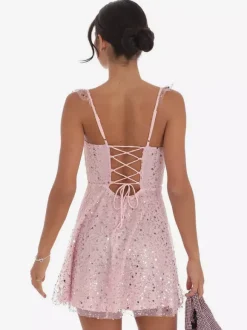 Robe courte en tulle à sequins pour femme - Décolleté c艙ur dos lacé sans manches coupe trapèze - Idéale pour une fête d'anniversaire d'été 2026