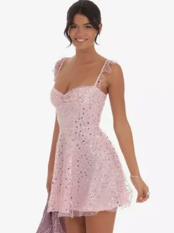 Robe courte en tulle à sequins pour femme - Décolleté c艙ur dos lacé sans manches coupe trapèze - Idéale pour une fête d'anniversaire d'été 2026