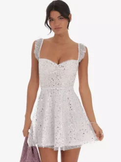 Robe courte en tulle à sequins pour femme - Décolleté c艙ur dos lacé sans manches coupe trapèze - Idéale pour une fête d'anniversaire d'été 2026