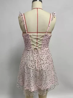 Robe courte en tulle à sequins pour femme - Décolleté c艙ur dos lacé sans manches coupe trapèze - Idéale pour une fête d'anniversaire d'été 2026