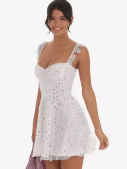 Robe courte en tulle à sequins pour femme - Décolleté c艙ur dos lacé sans manches coupe trapèze - Idéale pour une fête d'anniversaire d'été 2026