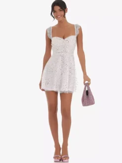 Robe courte en tulle à sequins pour femme - Décolleté c艙ur dos lacé sans manches coupe trapèze - Idéale pour une fête d'anniversaire d'été 2026