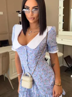 Robe courte fleurie pour femme - Robe d'été bleu clair style cottagecore à col Claudine et manches bouffantes - Idéale pour un pique-nique ou une soirée romantique en été (2026)