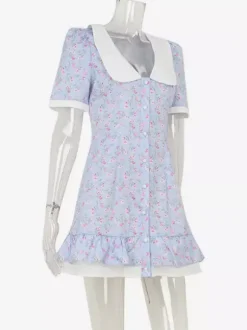 Robe courte fleurie pour femme - Robe d'été bleu clair style cottagecore à col Claudine et manches bouffantes - Idéale pour un pique-nique ou une soirée romantique en été (2026)