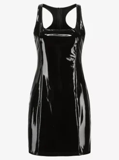 Robe courte élégante en similicuir avec dos nageur tenue de club sexy pour femme 2026
