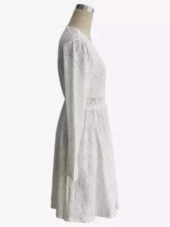 Robe courte pour femme manches longues col en V taille haute dentelle blanche décontractée