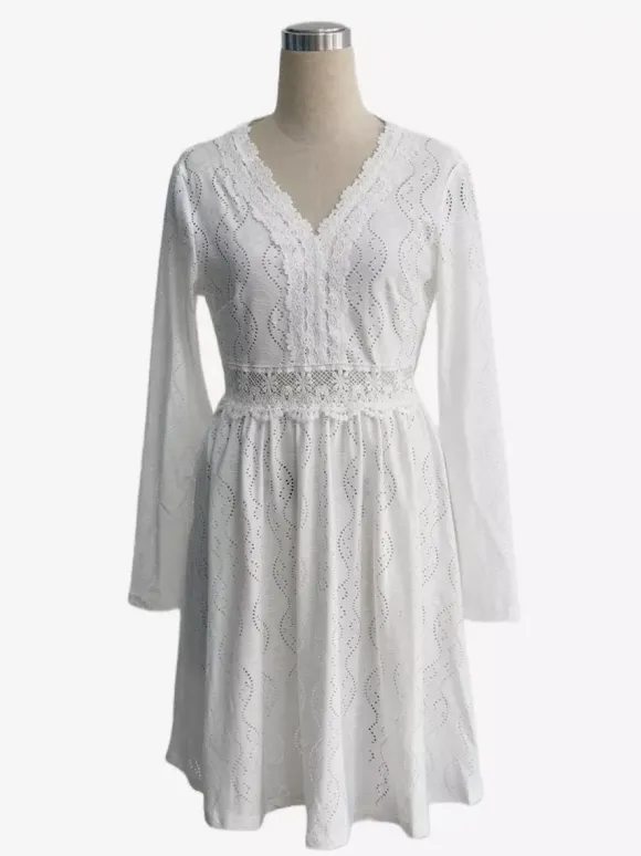 Robe courte pour femme manches longues col en V taille haute dentelle blanche décontractée