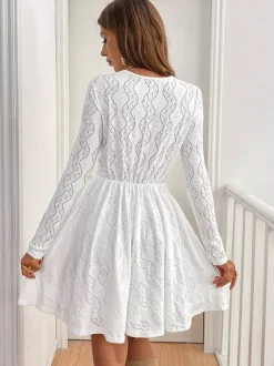 Robe courte pour femme manches longues col en V taille haute dentelle blanche décontractée
