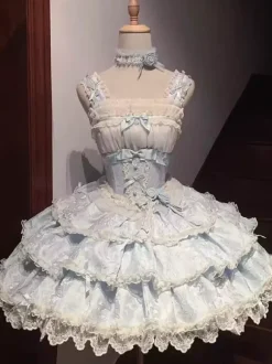 Robe courte Sweet Lolita JSK à volants et fleurs bleu ciel clair
