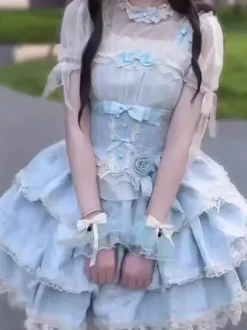 Robe courte Sweet Lolita JSK à volants et fleurs bleu ciel clair