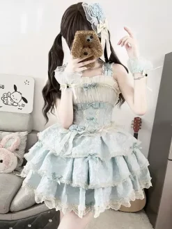 Robe courte Sweet Lolita JSK à volants et fleurs bleu ciel clair