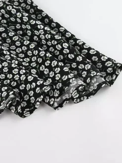 Robe courte vintage à fleurs pour femme - Manches bouffantes et ceinture - Col pointu - Tenue romantique pour une soirée en amoureux 2026
