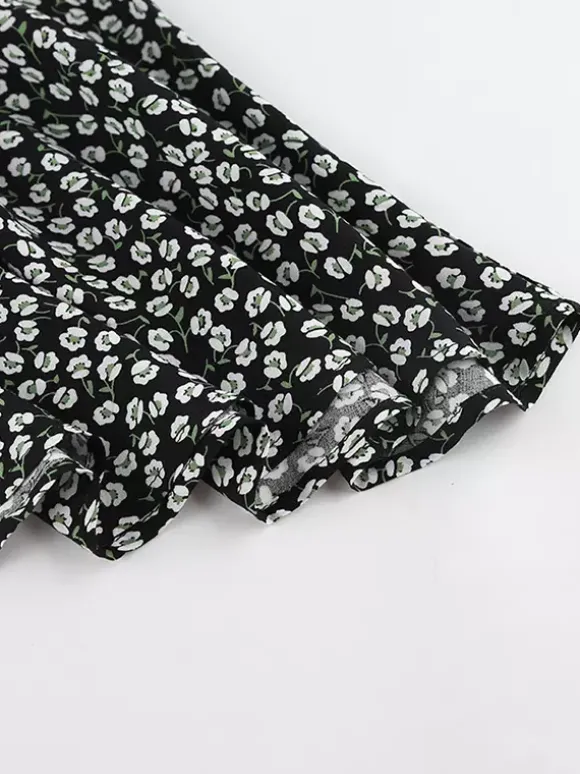 Robe courte vintage à fleurs pour femme - Manches bouffantes et ceinture - Col pointu - Tenue romantique pour une soirée en amoureux 2026