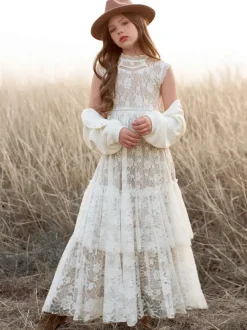robe cérémonie bohème fille robe cortège enfant col montant zip sur dos