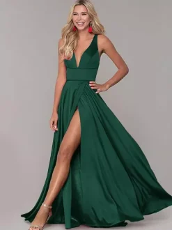 Robe cérémonie femme robe de soirée col V jupe fendue au sol
