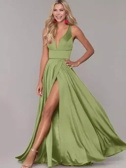 Robe cérémonie femme robe de soirée col V jupe fendue au sol