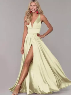 Robe cérémonie femme robe de soirée col V jupe fendue au sol