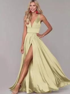 Robe cérémonie femme robe de soirée col V jupe fendue au sol
