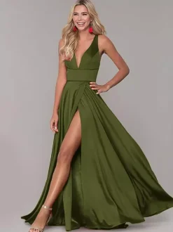 Robe cérémonie femme robe de soirée col V jupe fendue au sol