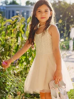 Robe cérémonie fille robe cortège enfant bohème blanche à bretelles en dentelle au genou