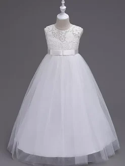 Robe cérémonie fille robe cortège enfant col rond décoré de noeud