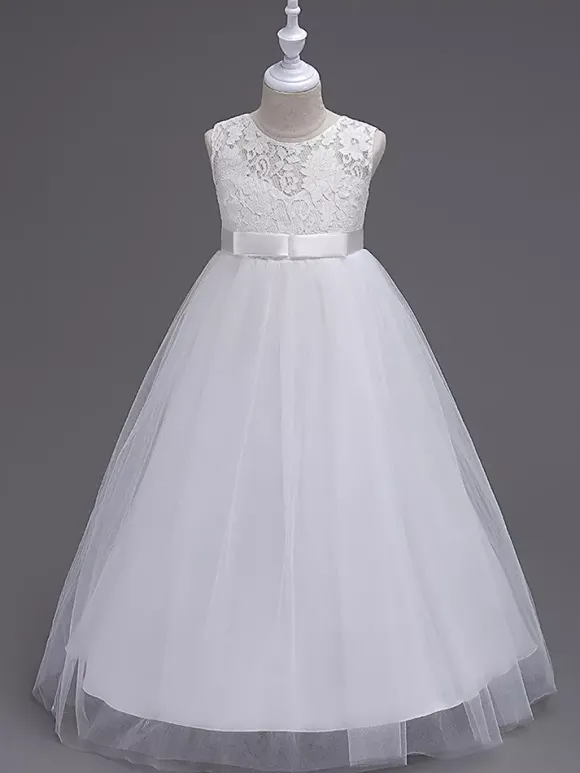 Robe cérémonie fille robe cortège enfant col rond décoré de noeud