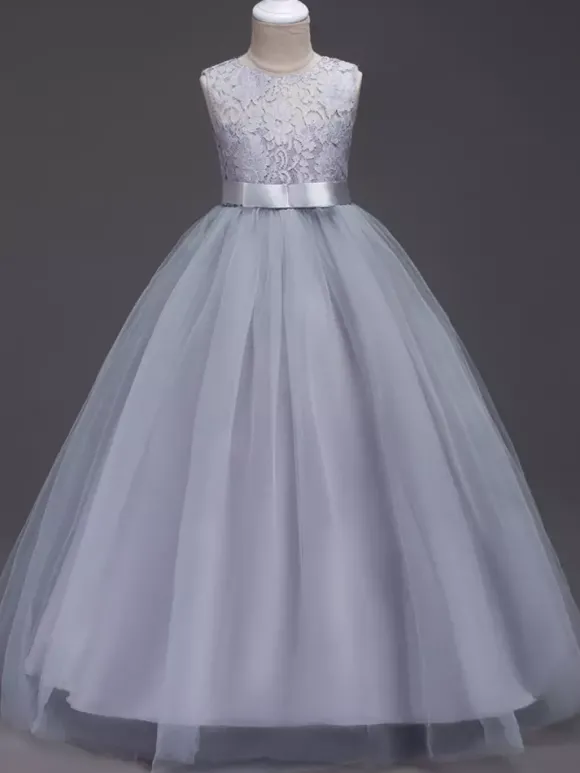Robe cérémonie fille robe cortège enfant col rond décoré de noeud