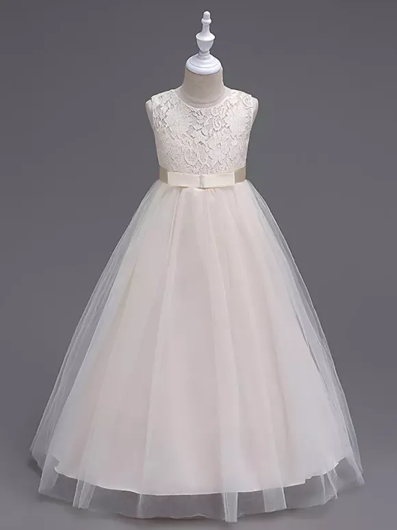 Robe cérémonie fille robe cortège enfant col rond décoré de noeud