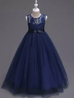 Robe cérémonie fille robe cortège enfant col rond décoré de noeud