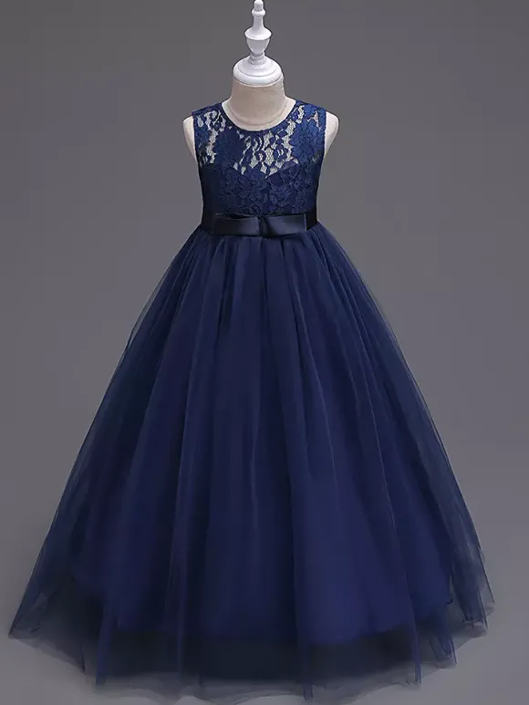 Robe cérémonie fille robe cortège enfant col rond décoré de noeud