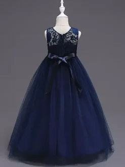 Robe cérémonie fille robe cortège enfant col rond décoré de noeud